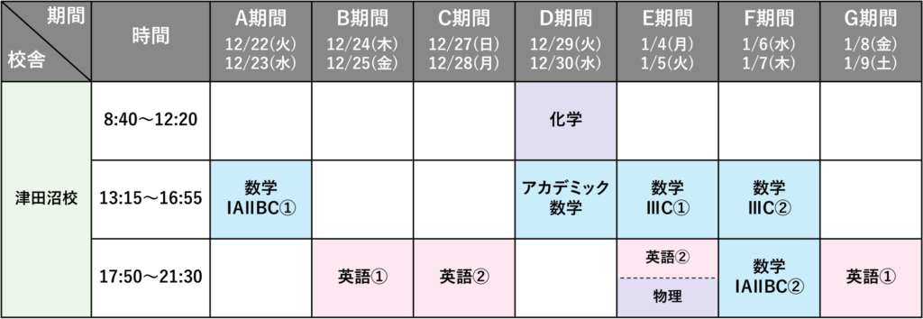 2026年度 冬期講習 高校部 津田沼校の時間割