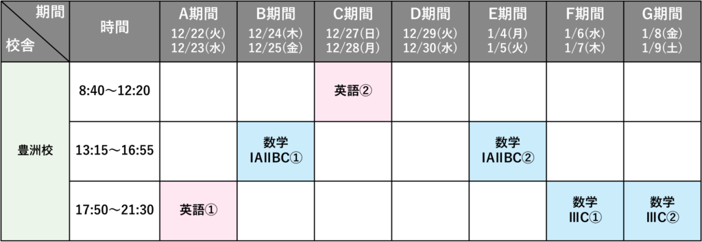 2026年度 冬期講習 高校部 豊洲校の時間割